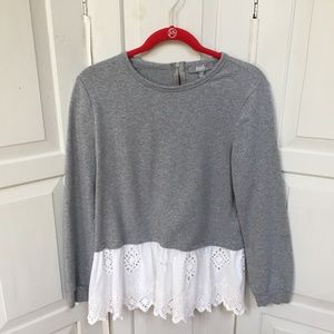 Ann Taylor Gray Marled Top with White Lace Hem